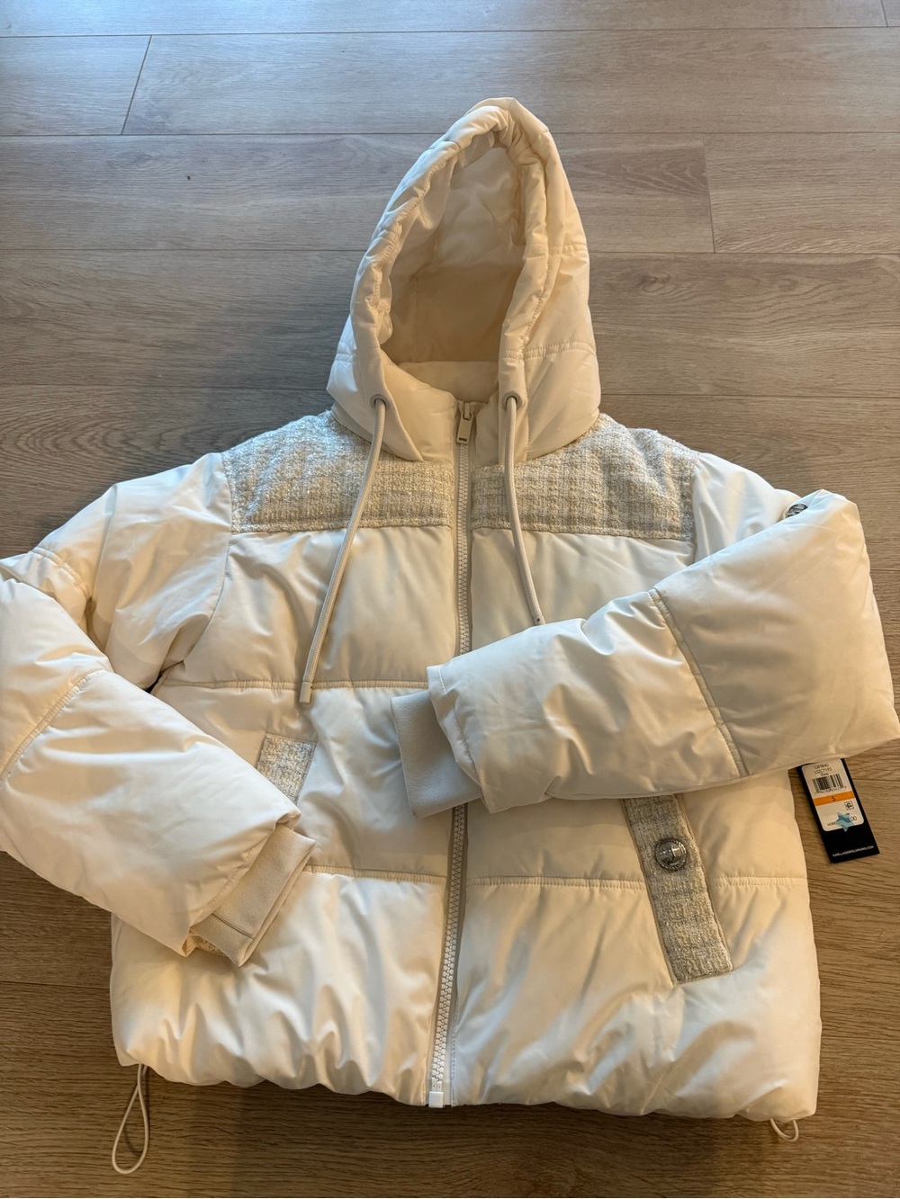 Karl Lagerfeld Ivory Hooded Quilted Puffer Jacket
